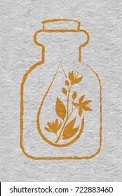 A Bottle With Essential Oil Of Bitter Orange (flat Icon). A Drop Of Neroli Essential Oil (logo). Branches Of Neroli Flowers. Aromatherapy Logo. Material Design, Craft Paper Textured.