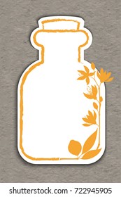 A bottle with essential oil of bitter orange (flat icon). A drop of neroli essential oil (logo). Branches of neroli flowers. Aromatherapy logo. Material design, craft paper textured.