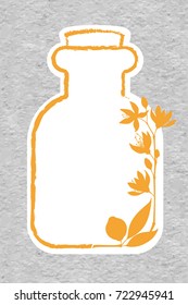 A bottle with essential oil of bitter orange (flat icon). A drop of neroli essential oil (logo). Branches of neroli flowers. Aromatherapy logo. Material design, craft paper textured.