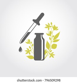 A Bottle With Essential Oil Of Bitter Orange (flat Icon). A Drop Of Neroli Essential Oil (logo). Branches Of Neroli Flowers. Aromatherapy, Perfumery, Cosmetics, Spa Logo.