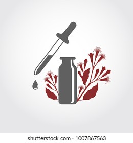 A bottle with essential oil of clove flower buds (flat icon). A drop of clove essential oil (logo). Clove branch with flowers and buds. Aromatherapy, perfumery, cosmetic, spa logo. 