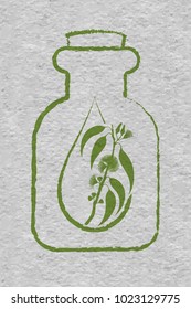 A bottle with essential oil of eucalyptus (flat icon). A drop of gum-tree essential oil (logo). Gum branch with flowers and buds. Aromatherapy, perfumery, cosmetics, spa logo. Craft paper textured