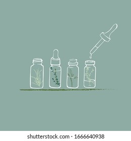 Bottle of essential oil with herbs lavender flower, mint ,rosemary and parsley set up