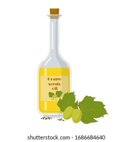Frasco de aceite esencial de semillas de uva. Etiqueta decorada con bayas y hojas. Subproducto de la ilustración vectorial de viñedos.