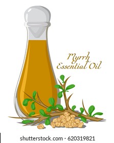 Bottle with essential oil of Myrrh with a branch and resin on the background