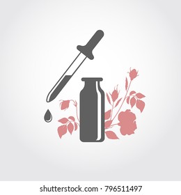 A bottle with essential oil of rose (flat icon). A drop of rose essential oil (logo). Branches of rose flowers. Aromatherapy, perfumery, cosmetics, spa logo.