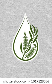 A Bottle With Essential Oil Of Tea Tree (flat Icon). A Drop Of Melaleuca Essential Oil (logo). Ti Tree Branch With Flowers. Aromatherapy, Perfumery, Cosmetics, Spa Logo. Craft Paper Textured.