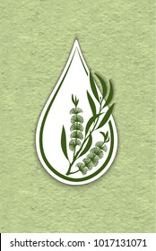 A Bottle With Essential Oil Of Tea Tree (flat Icon). A Drop Of Melaleuca Essential Oil (logo). Ti Tree Branch With Flowers. Aromatherapy, Perfumery, Cosmetics, Spa Logo. Craft Paper Textured