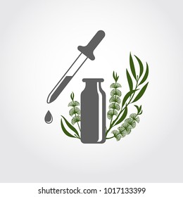 A bottle with essential oil of tea tree (flat icon). A drop of melaleuca essential oil (logo). Ti tree branch with flowers. Aromatherapy, perfumery, cosmetics, spa logo. 