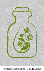 A bottle with essential oil of ylang-ylang (flat icon). A drop of ylang ylang flower essential oil (logo). Branches of cananga tree. Aromatherapy, perfumery, cosmetics, spa logo. ?raft paper textured