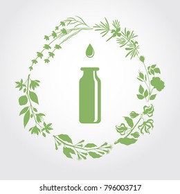 A bottle with essential oils of neroli (bitter orange), clove, ylang-ylang, rose, rosemary, lavender (flat icon). A drop of essential oil (logo). Branches of essential oil plants. Aromatherapy logo.