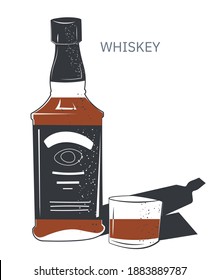Bottle of expensive alcoholic beverage, isolated icon of whiskey and shot glass with alcohol. Cognac or bourbon, shops or store assortment. Menu for restaurants or bars. Vector in flat style