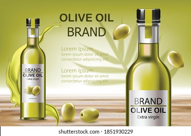 Bottle with extra virgin oil. Surrounded by splash liquid and olives. Place for text. Realistic 3D mockup product placement. Vector
