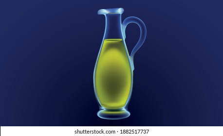 Bottle of extra virgin olive oil realistic icon ingredient of mediterranean cuisine, glass amphora of olive oil, transparent vector object on blue dark background