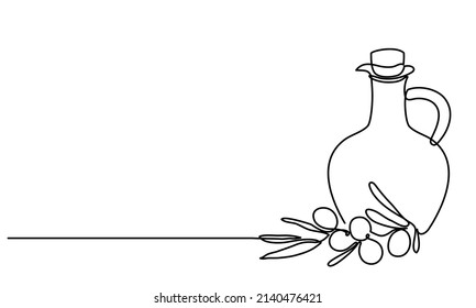 Bottle of extra virgin olive oil and olives with leaves on white background. Sketch. Draw a continuous line. Decor