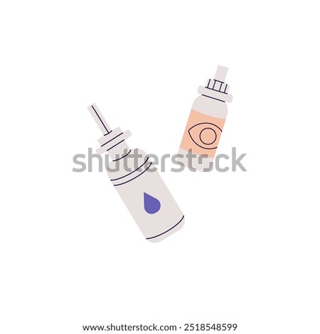 Bottle of eye drops. Pack of nasal spray. Containers with medical drugs. Plastic jars with remedy for nose, vision. Healthcare, medicaments. Flat isolated vector illustration on white background