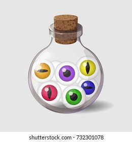 Bottle with eyes. Game icon of magic ingredient in cartoon style. Bright design for app user interface. Life, love, blood, rage, fury, damage. Vector illustration. Icons Collection.