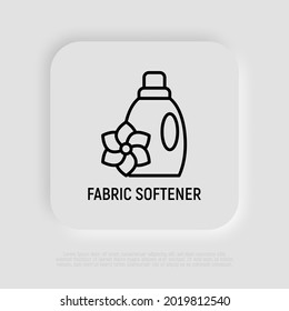 Bottle of fabric softener, cleaner, detergent thin line icon. Plastic bottle with flower. Modern vector illustration.