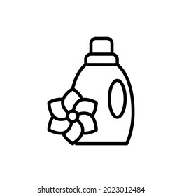 Frasco de suavizante de tela, limpiador, detergente icono de línea delgada. Botella de plástico con flor. Ilustración vectorial moderna.