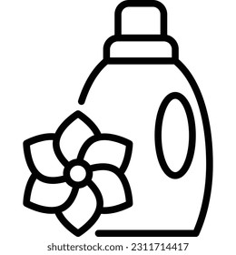 Bottle of fabric softener, cleaner, detergent thin line icon. Plastic bottle with flower. Modern vector illustration.