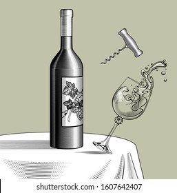 Flasche, fallendes Glas mit Spritzwein auf dem runden Tisch und eine Korkenschraube. Vintage Gravur stilisierte Zeichnung. Vektorgrafik