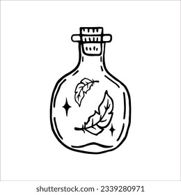 Bottle with feathers, magic, doodle, on a white background. Design element