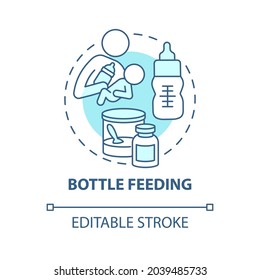 Bottle feeding blue concept icon. Feed baby with formula abstract idea thin line illustration. Feeding position. Bond between mother and newborn. Vector isolated outline color drawing. Editable stroke