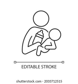 Bottle feeding linear icon. Skin-to-skin contact. Create emotional closeness. Mother-newborn bond. Thin line customizable illustration. Contour symbol. Vector isolated outline drawing. Editable stroke