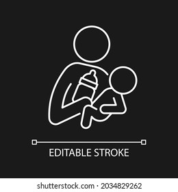 Bottle feeding white linear icon for dark theme. Skin-to-skin contact. Create emotional closeness. Thin line customizable illustration. Isolated vector contour symbol for night mode. Editable stroke