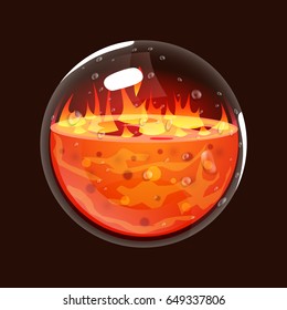 Bottle Of Fire. Game Icon Of Magic Orb. Interface For Rpg Or Match3 Game. Big Variant. Fire, Energy, Lava, Flame. Vector Illustration