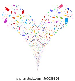 Bottle fireworks stream. Vector illustration style is flat bright multicolored iconic symbols on a white background. Object double fountain organized from random symbols.