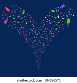 Bottle fireworks stream. Vector illustration style is flat bright multicolored iconic symbols on a blue background. Object double fountain done from random design elements.