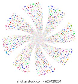 Bottle fireworks swirl rotation. Vector illustration style is flat bright multicolored iconic symbols on a white background. Object spiral created from random pictograms.