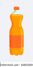 Frasco con bebidas calientes, recipiente de plástico con líquido dulce, tapa y etiqueta de color naranja, producto de supermercado aislado en ilustración vectorial