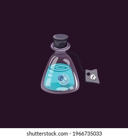 Bottle or flask of dangerous potion with eyeball inside and warning label, cartoon vector illustration isolated on dark background. Fantasy magic witchs potion.