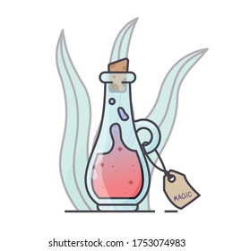 Bottle or flask for liquid closed by a stopper. Magic bottle with a pen. Label with the inscription "magic". Vector icon with a plant in the background. Isolated.