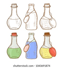 Bottle, flask. Object. Sketch. Set. Color and monochrome drawing.