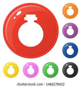 Bottle flask potion set 8 colors isolated on white. Collection of glossy round colorful buttons. Vector illustration for any design.