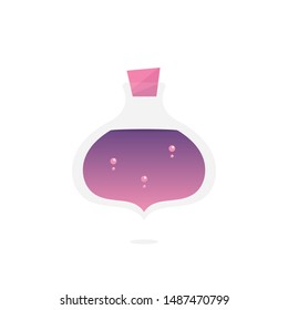 Bottle or flask with purple potion cute cartoon vector icon, illustration.