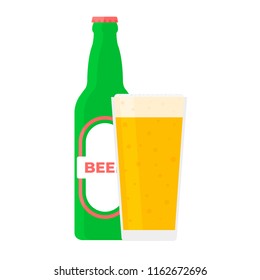 Bottle of flat beer flat on white background