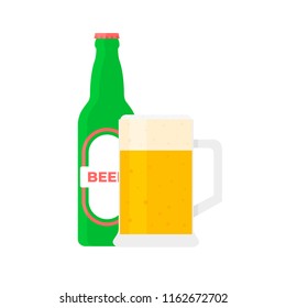 Bottle of flat beer flat on white background
