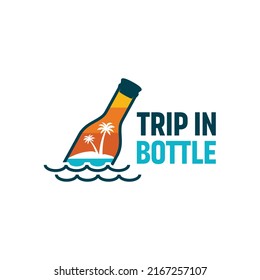 Bottle floating with beach and island in inside travelling adventure logo design