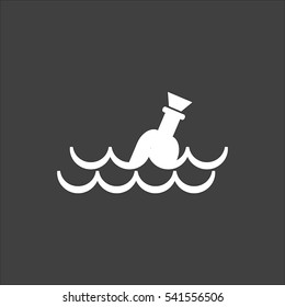 Bottle floating on waves icon flat. Vector white illustration isolated on black background. Flat symbol