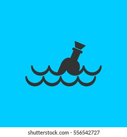 Bottle floating on waves icon flat. Simple vector black pictogram on blue background