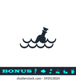 Bottle floating on waves icon flat. Black pictogram on white background. Vector illustration symbol and bonus button