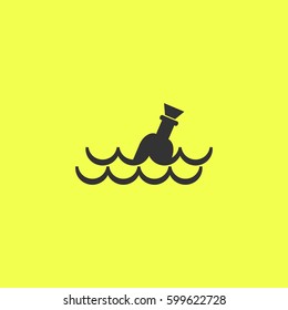 Bottle floating on waves icon flat. Black pictogram on white background. Vector illustration symbol and bonus button