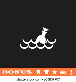 Bottle floating on waves icon flat. White pictogram on black background. Vector illustration symbol and bonus button tooth, vase, star, mirror, bottle