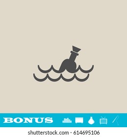Bottle floating on waves icon flat. Grey pictogram on light background. Vector illustration symbol and bonus button real estate, ottoman, vase, tv, fishing rod