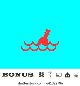 Bottle floating on waves icon flat. Red pictogram on blue background. Vector illustration symbol and bonus buttons Music center, corkscrew, credit card, house, drum