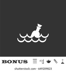 Bottle floating on waves icon flat. White pictogram on black background. Vector illustration symbol and bonus icons